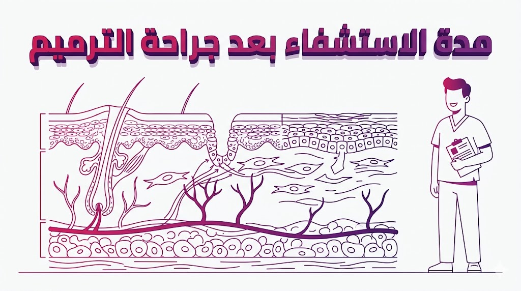 مخطط طبي تعليمي يوضح العملية الحيوية لالتئام الأنسجة خلال مدة الاستشفاء بعد جراحة الترميم.