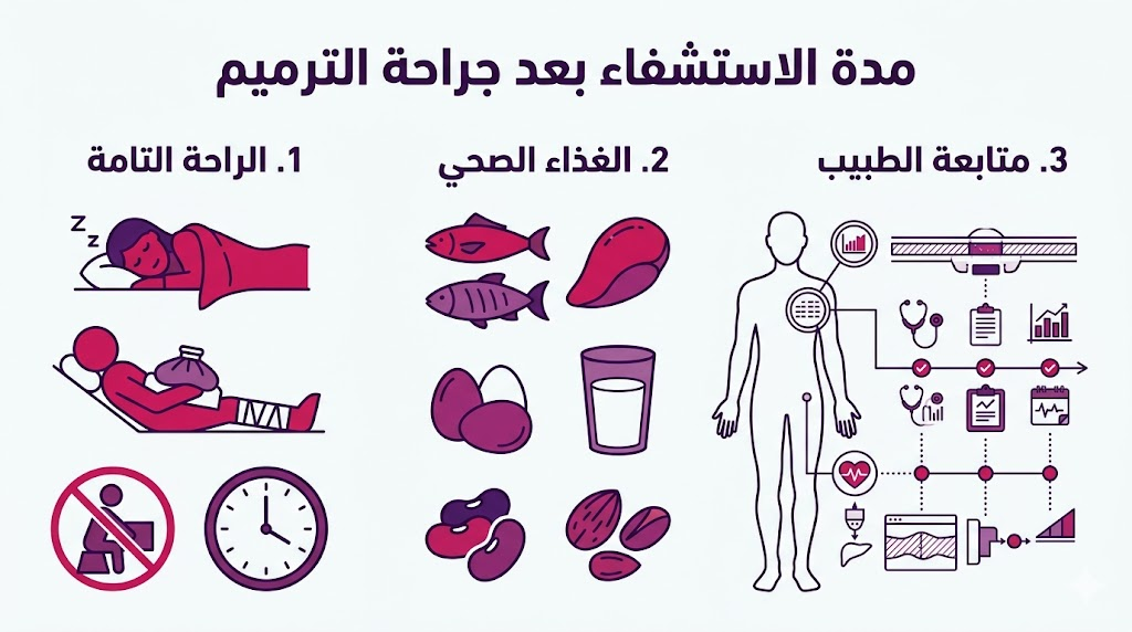  إنفوجرافيك طبي يلخص أهم 3 نصائح لضمان أفضل نتائج خلال مدة الاستشفاء بعد جراحة الترميم.