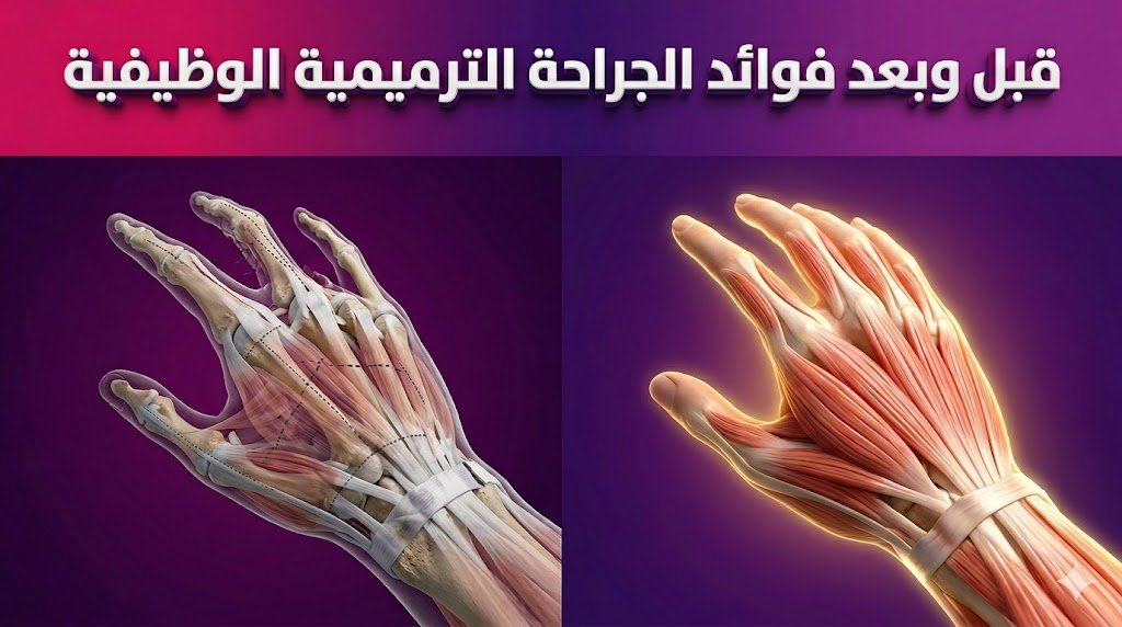 مقارنة بصرية توضح قبل وبعد فوائد الجراحة الترميمية الوظيفية لاستعادة كفاءة الأطراف والأنسجة.