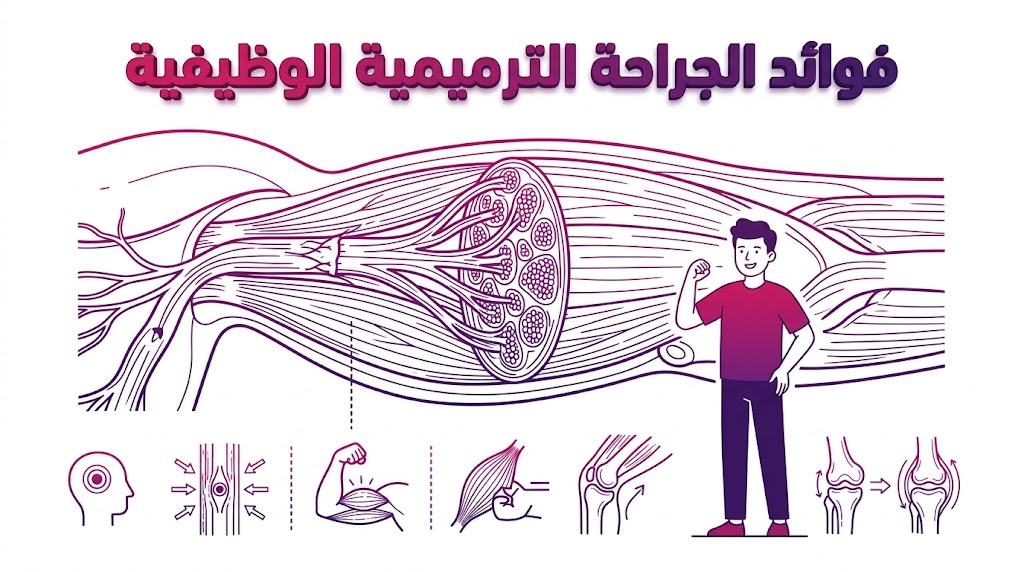  مخطط تشريحي تفصيلي يبرز فوائد الجراحة الترميمية الوظيفية في إصلاح الأعصاب والعضلات المتضررة.