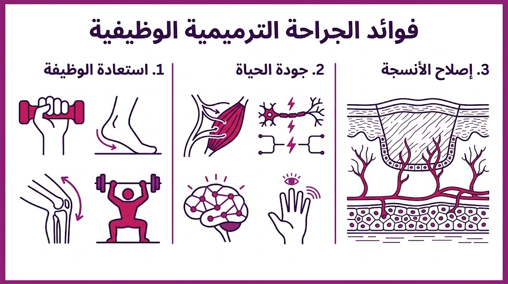  إنفوجرافيك طبي يستعرض 3 مزايا رئيسية ضمن فوائد الجراحة الترميمية الوظيفية لتحسين صحة المريض.