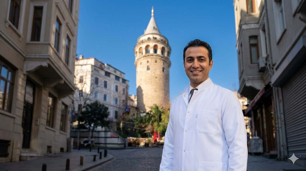  طبيب متخصص في تركيا يشرح فوائد الجراحة الترميمية الوظيفية أمام برج غالاتا التاريخي في إسطنبول.