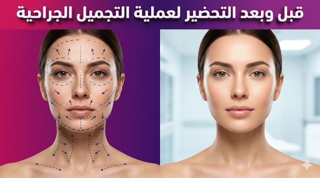  مقارنة توضح علامات التخطيط الطبي ونتائج التحضير لعملية التجميل الجراحية قبل الجراحة.