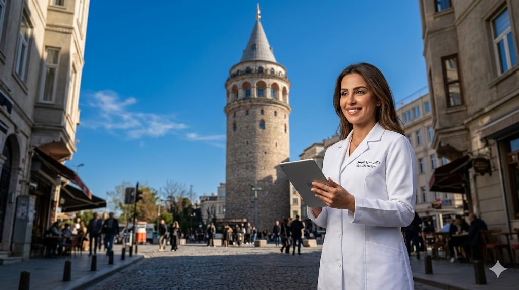 طبيب تجميل متميز أمام برج غالاتا في اسطنبول يوضح إجراءات التحضير لعملية التجميل الجراحية في تركيا.