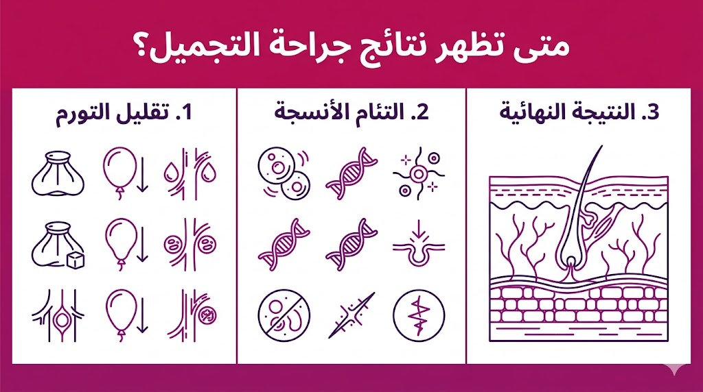 إنفوجرافيك طبي يشرح المراحل الثلاث الأساسية للإجابة على متى تظهر نتائج جراحة التجميل؟ بوضوح.