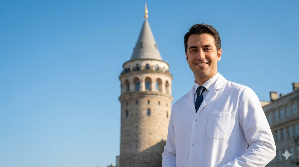 طبيب تجميل خبير في اسطنبول يقدم استشارات حول متى تظهر نتائج جراحة التجميل؟ أمام برج غالاتا التاريخي.
