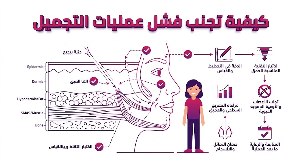  إنفوجرافيك طبي يوضح المخطط التشريحي ومعايير الأمان لضمان كيفية تجنب فشل عمليات التجميل.