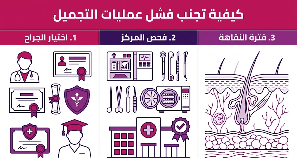  ملصق إنفوجرافيك تعليمي يتضمن 3 خطوات أساسية حول كيفية تجنب فشل عمليات التجميل.