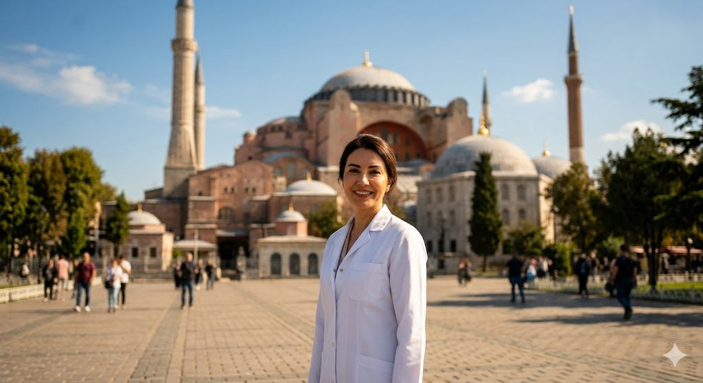 جراح تجميل محترف يقف أمام جامع آيا صوفيا في إسطنبول، مما يعزز الثقة في كيفية تجنب فشل عمليات التجميل في تركيا.