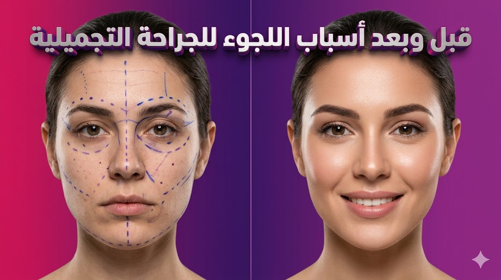  مقارنة قبل وبعد توضح نتائج أسباب اللجوء للجراحة التجميلية لتصحيح ملامح الوجه.