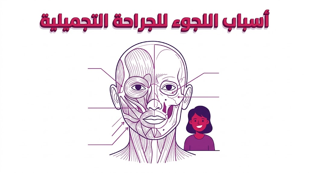 مخطط تشريحي فني يوضح العلم الكامن وراء أسباب اللجوء للجراحة التجميلية لتحسين بنية الوجه.