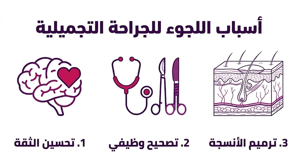 إنفوجرافيك طبي يوضح أسباب اللجوء للجراحة التجميلية من خلال تحسين الثقة، التصحيح الوظيفي، وترميم الأنسجة.