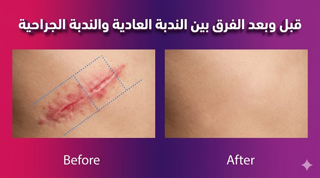 صورة مقارنة قبل وبعد توضح تحسن مظهر الجلد و الفرق بين الندبة العادية والندبة الجراحية بعد العلاج التجميلي.