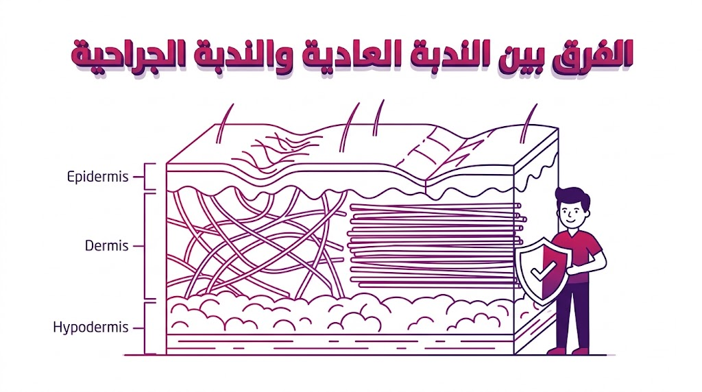 مخطط تشريحي طبي يوضح الأنسجة الجلدية و الفرق بين الندبة العادية والندبة الجراحية من الداخل.