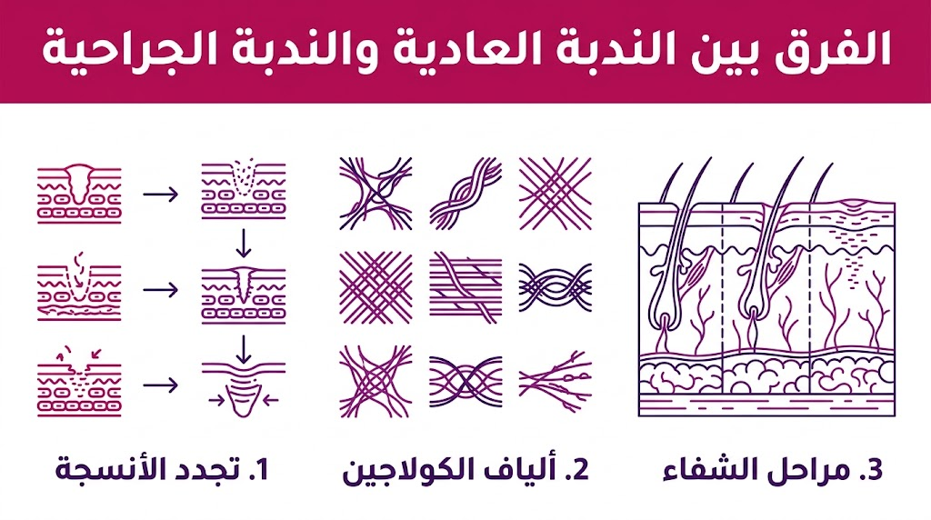  إنفوجرافيك تعليمي يشرح تجدد الأنسجة ومراحل الشفاء لتوضيح الفرق بين الندبة العادية والندبة الجراحية.