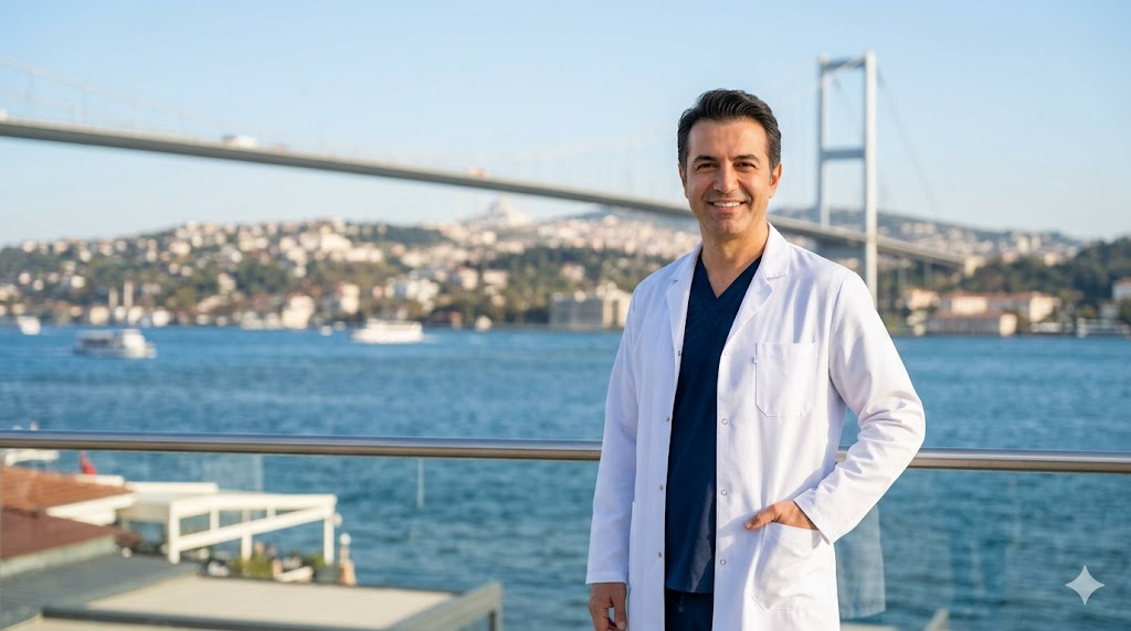 جراح تجميل خبير في تركيا أمام جسر البوسفور يشرح الفرق بين الندبة العادية والندبة الجراحية لمرضاه الدوليين.