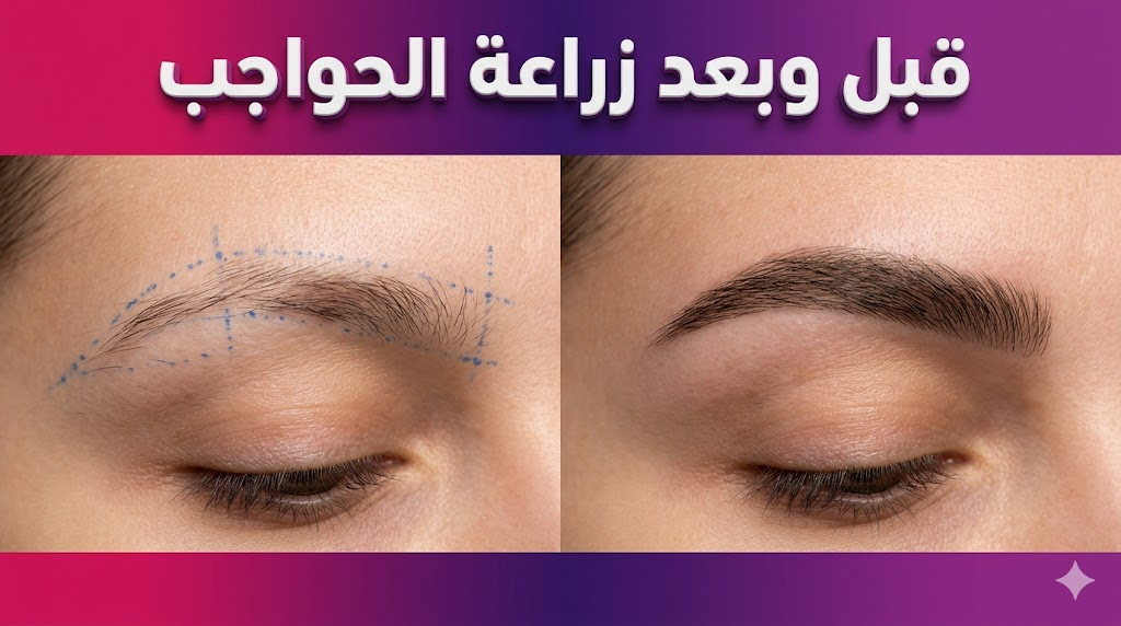  مقارنة قبل وبعد تظهر نتائج عملية زراعة الحواجب مع تخطيط طبي دقيق وتوضيح للكثافة النهائية المحققة.