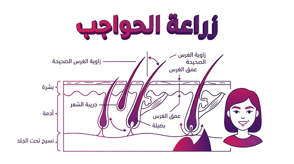  إنفوجرافيك تعليمي يوضح التشريح العلمي لزراعة بصيلات الشعر في منطقة الحاجب وزوايا الغرس الصحيحة.