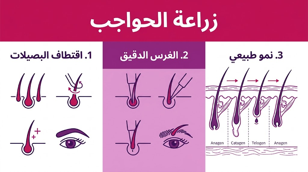  مخطط إنفوجرافيك مقسم لثلاث مراحل توضح خطوات زراعة الحواجب من الاقتطاف حتى النمو الطبيعي.