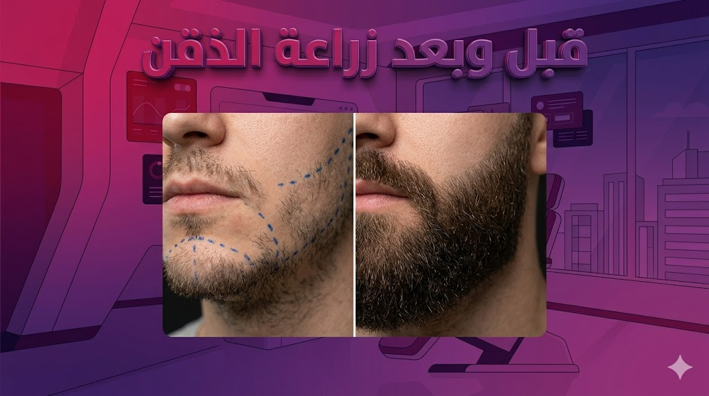  مقارنة واقعية قبل وبعد زراعة الذقن تظهر التحول من اللحية الخفيفة إلى لحية كثيفة ومكتملة.