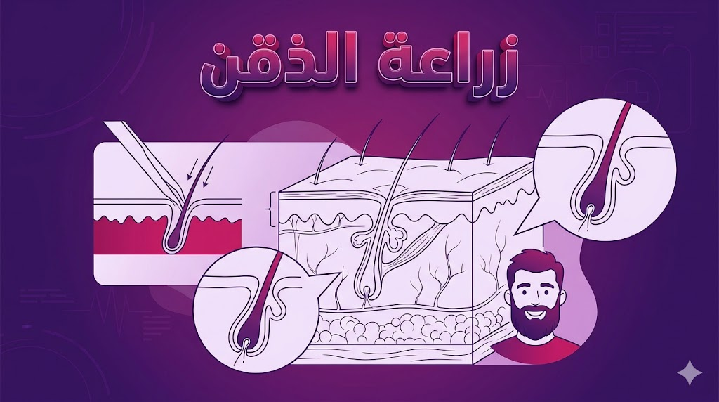 إنفوجرافيك تعليمي يوضح الجانب العلمي والتشريحي لعملية زراعة الذقن وكيفية غرس البصيلات.