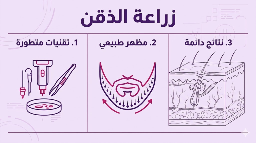  ملصق إنفوجرافيك طبي يوضح مميزات زراعة الذقن من حيث التقنيات المستخدمة والنتائج الطبيعية الدائمة.