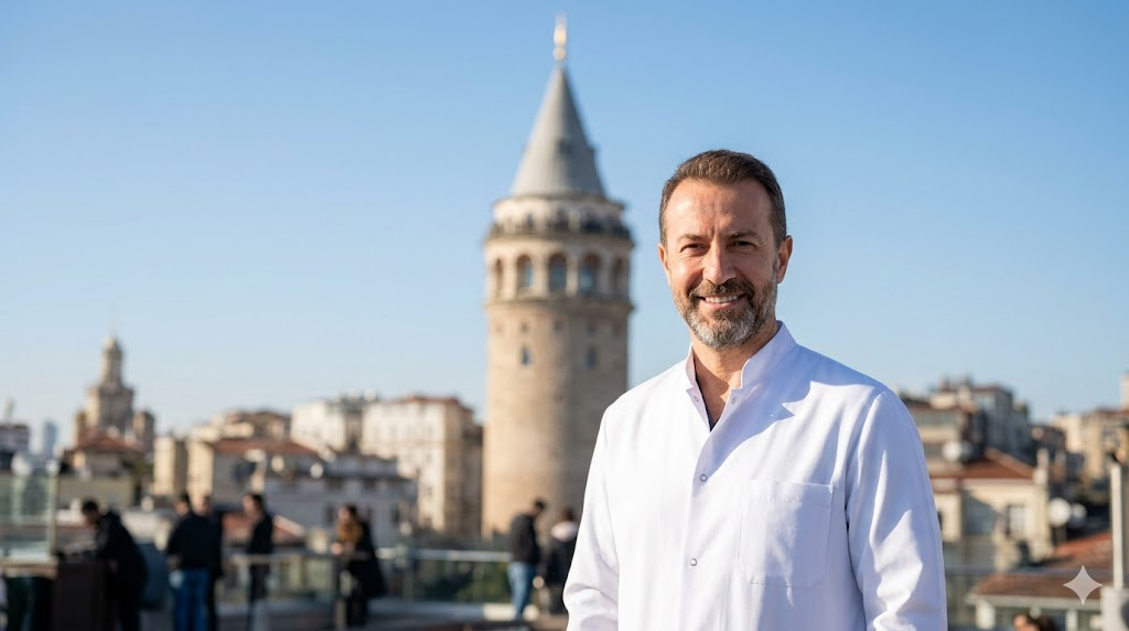 طبيب مختص في زراعة الذقن يقف أمام برج غالاتا في إسطنبول، مما يعكس جودة السياحة العلاجية في تركيا.