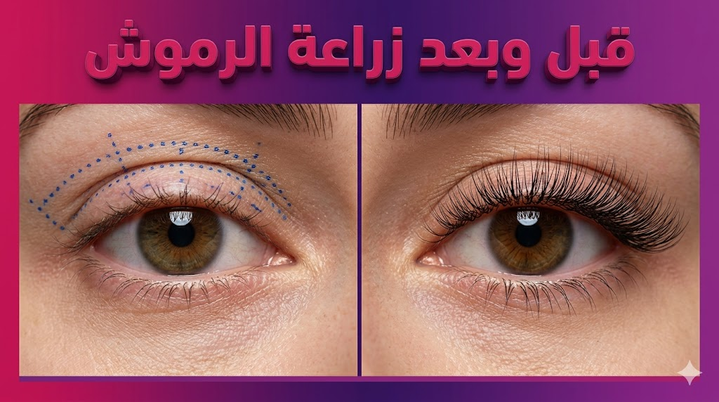 صورة مقارنة "قبل وبعد" توضح نتائج زراعة الرموش حيث تظهر الرموش كثيفة وطبيعية جداً في الجانب الأيمن مع نص ثلاثي الأبعاد.