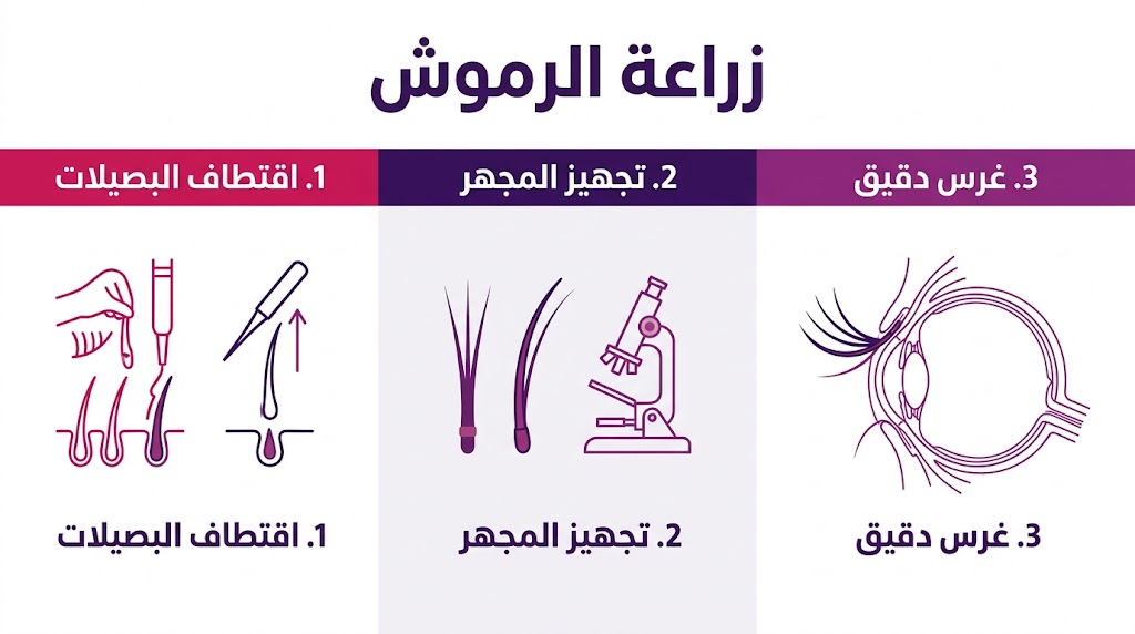  بوستر إنفوجرافيك مقسم لثلاث مراحل توضح خطوات زراعة الرموش من الاقتطاف حتى الغرس النهائي.