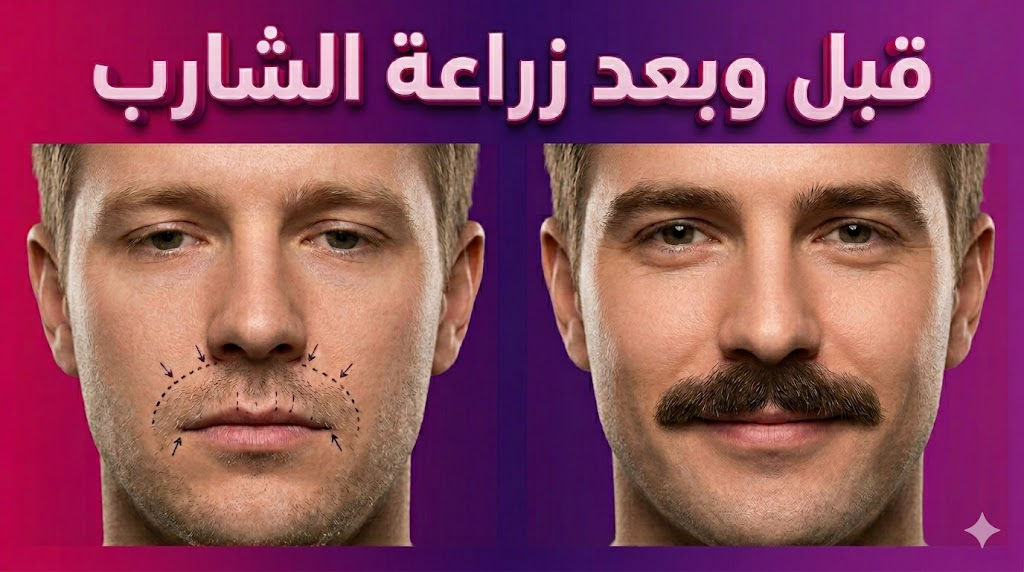  صورة واقعية مقارنة (قبل وبعد) توضح نتائج زراعة الشارب وكثافة الشعر المحققة.