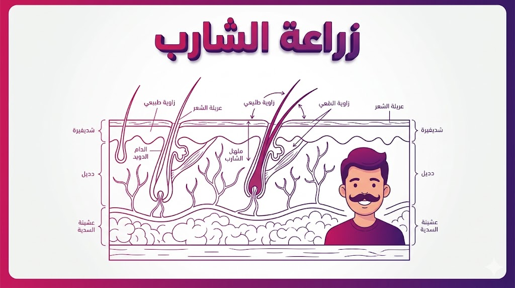  إنفوجرافيك طبي يوضح الجانب العلمي لعملية زراعة الشارب وتوزيع البصيلات في أنسجة الجلد.