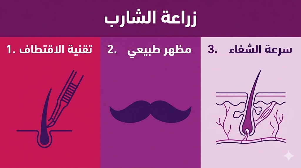  ملصق إنفوجرافيك تعليمي لعملية زراعة الشارب يوضح التقنية والمميزات وفترة الاستشفاء.