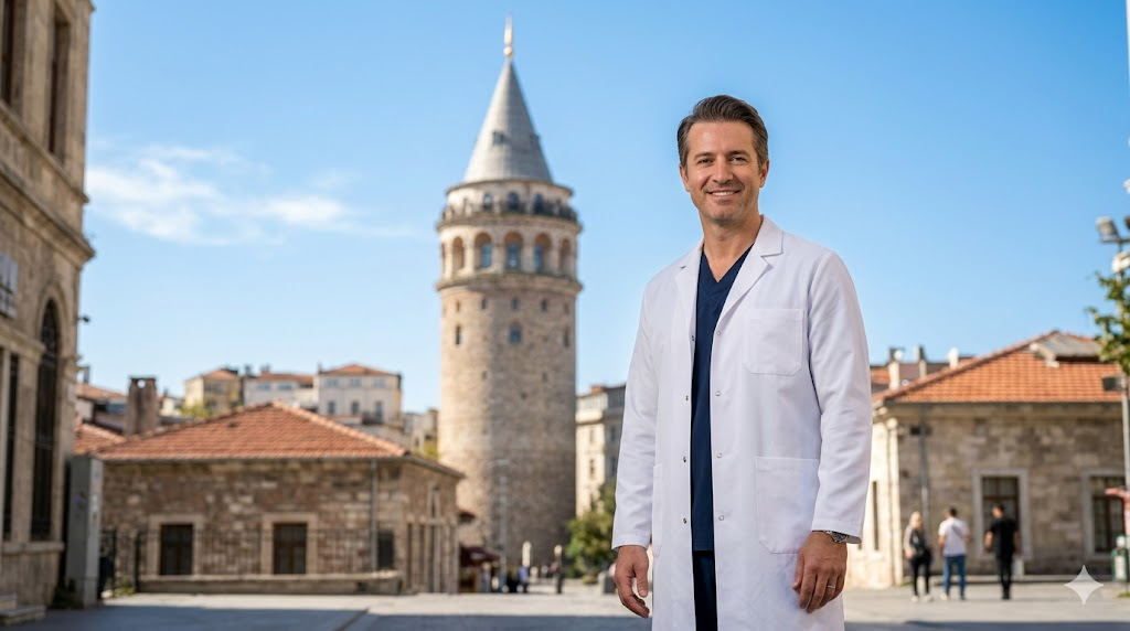 طبيب خبير في زراعة الشارب يقف أمام برج غلاطة في إسطنبول، مما يعكس الثقة والاحترافية في السياحة العلاجية.