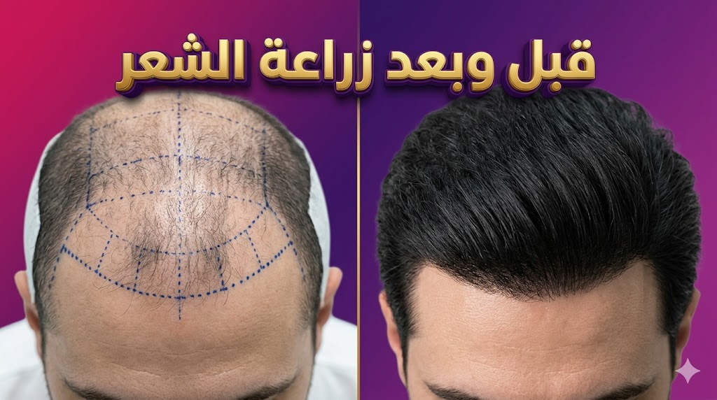  مقارنة واقعية قبل وبعد زراعة الشعر تظهر كثافة الشعر وتحديد الخط الأمامي بوضوح.