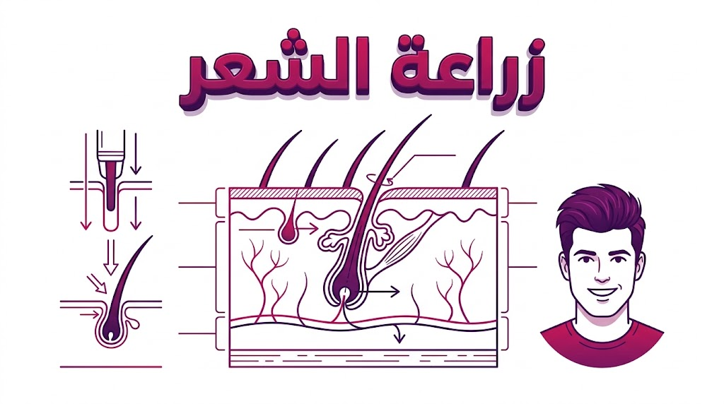  إنفوجرافيك تعليمي يوضح تشريح فروة الرأس وكيفية غرس البصيلات أثناء عملية زراعة الشعر.