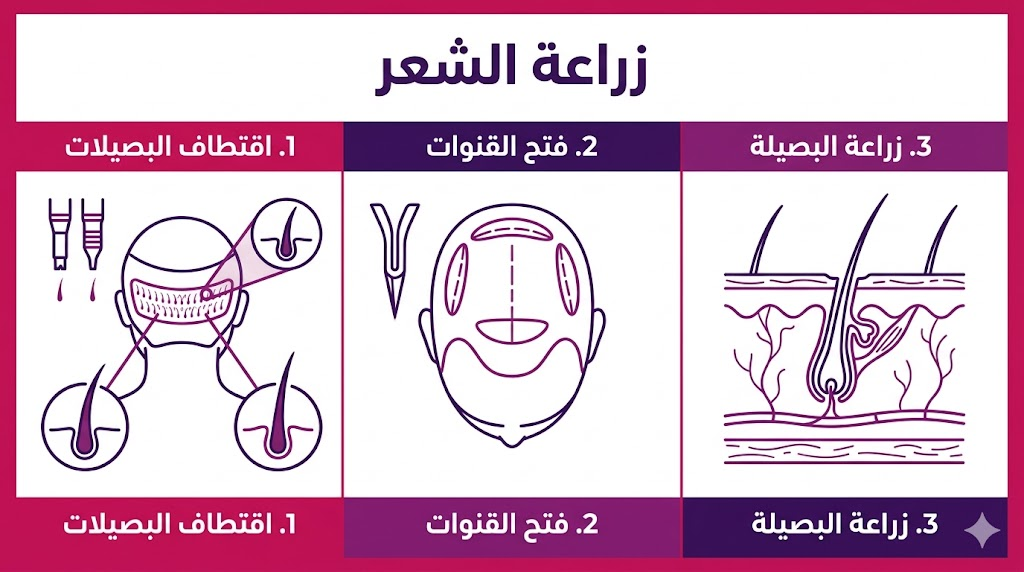 مخطط إنفوجرافيك يشرح مراحل زراعة الشعر الثلاث: الاقتطاف، فتح القنوات، والزراعة النهائية.