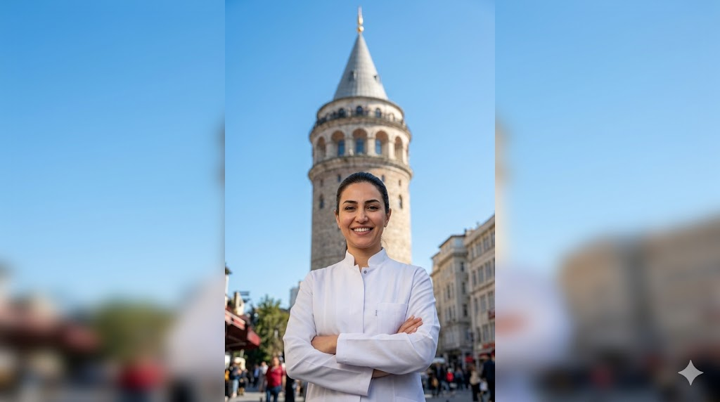  طبيب متخصص في زراعة الشعر يقف أمام برج غالاتا في إسطنبول، مما يرمز إلى السياحة العلاجية في تركيا.