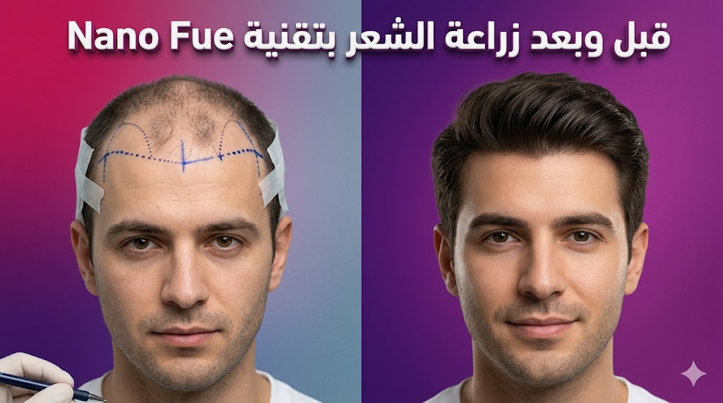  مقارنة قبل وبعد توضح نتائج زراعة الشعر بتقنية Nano Fue على فروة الرأس.
