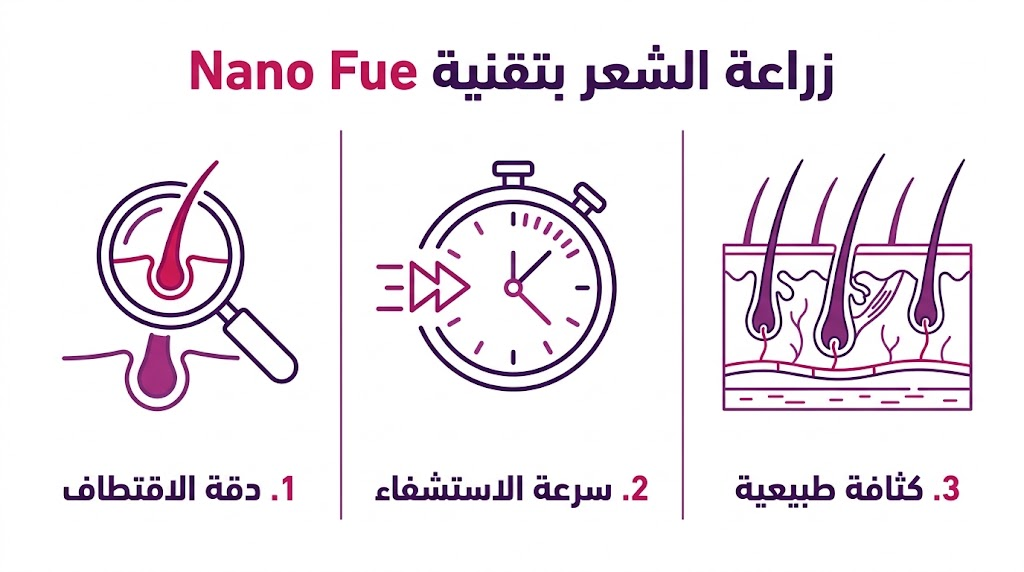 إنفوجرافيك يوضح المزايا الثلاث الرئيسية لـ زراعة الشعر بتقنية Nano Fue.