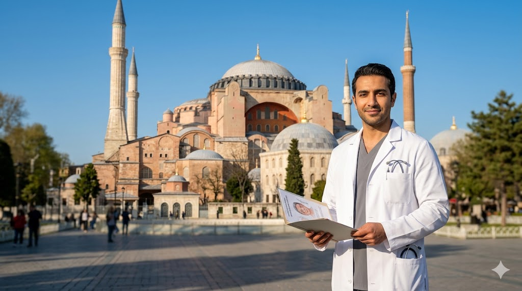 طبيب متخصص في زراعة الشعر بتقنية Nano Fue أمام معلم آيا صوفيا في إسطنبول.