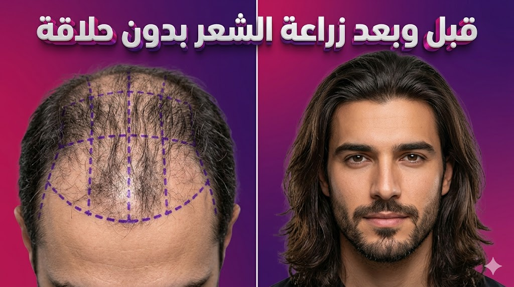  مقارنة قبل وبعد تظهر نتائج زراعة الشعر بدون حلاقة وتخطيط العملية الطبي.