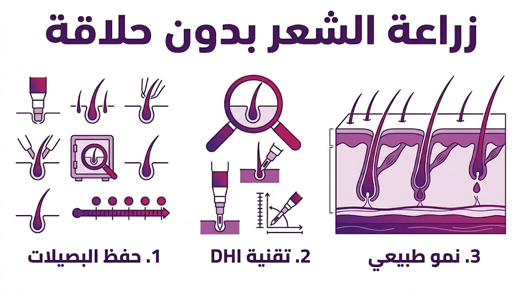 إنفوجرافيك تعليمي يشرح الخطوات الثلاث لعملية زراعة الشعر بدون حلاقة.