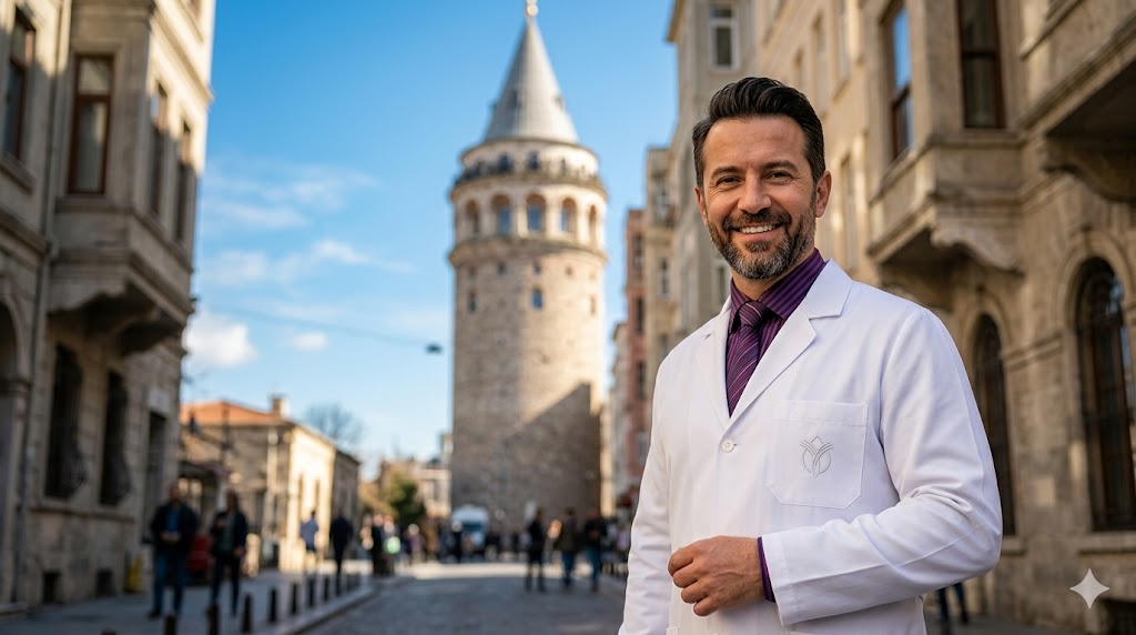  طبيب متخصص في زراعة الشعر بدون حلاقة يقف أمام برج غالاتا التاريخي في إسطنبول.