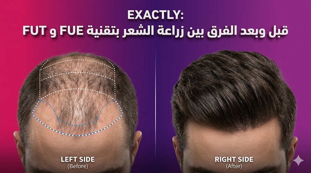 مقارنة قبل وبعد توضح نتائج الفرق بين زراعة الشعر بتقنية FUE و FUT على كثافة الشعر.