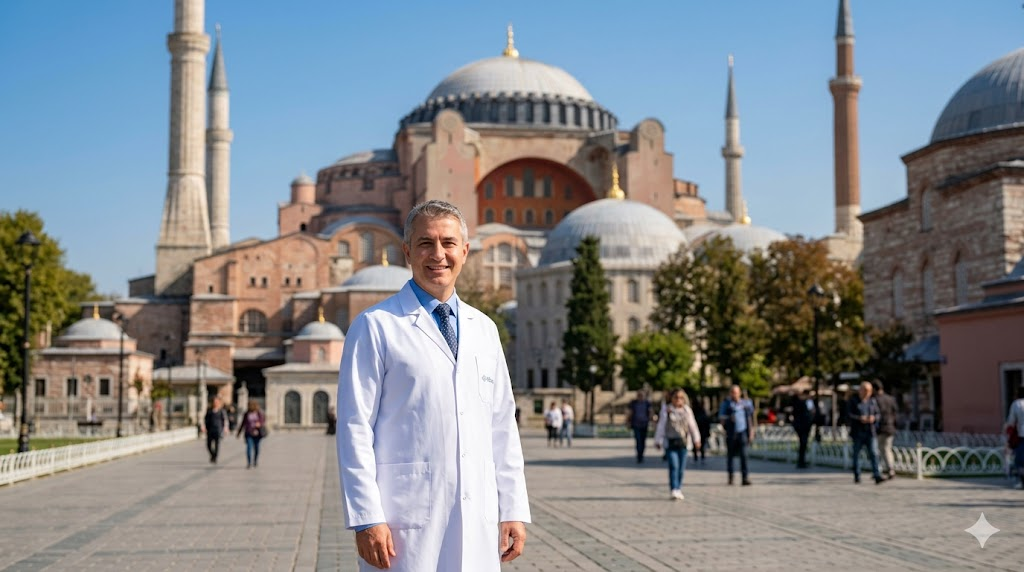  طبيب تجميل يقف بابتسامة واثقة أمام جامع آيا صوفيا في إسطنبول للترويج لخدمات تكلفة شد الجسم بالليزر في تركيا.