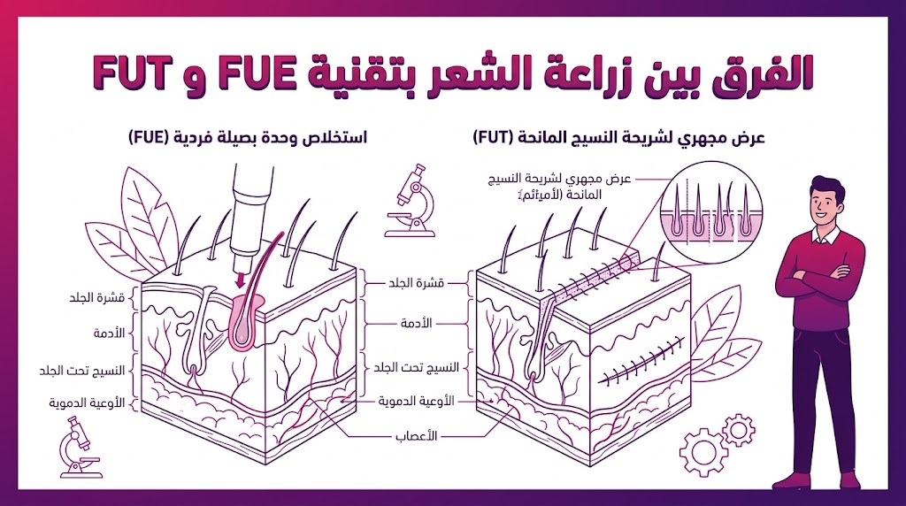  إنفوجرافيك طبي يوضح التشريح العلمي لـ الفرق بين زراعة الشعر بتقنية FUE و FUT وطريقة اقتطاف البصيلات.