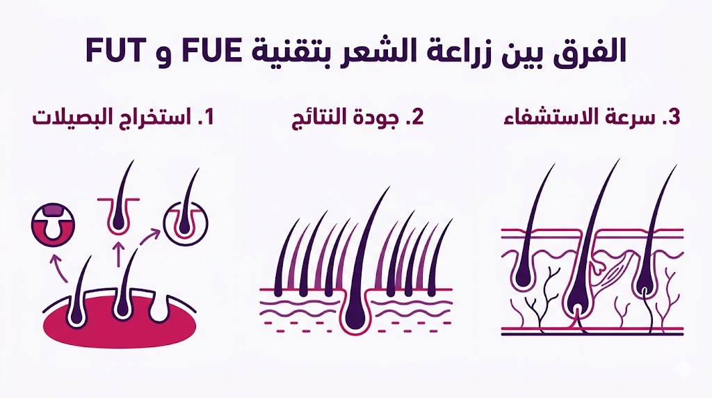 بوستر توضيحي مقسم لثلاثة أجزاء يشرح الفرق بين زراعة الشعر بتقنية FUE و FUT من حيث الاستخراج والنتائج.