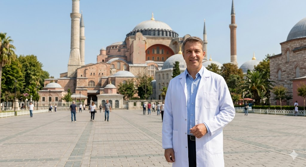 طبيب متخصص يقف أمام آيا صوفيا في اسطنبول لتقديم استشارات حول الفرق بين زراعة الشعر بتقنية FUE و FUT.