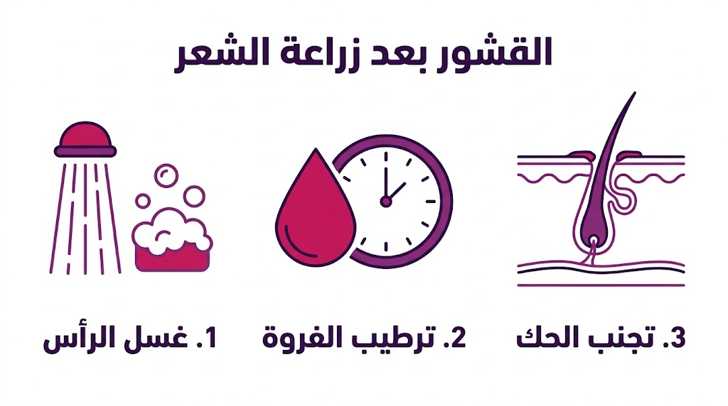  إنفوجرافيك طبي يوضح 3 خطوات أساسية للعناية بفروة الرأس وتنظيف القشور بعد زراعة الشعر.