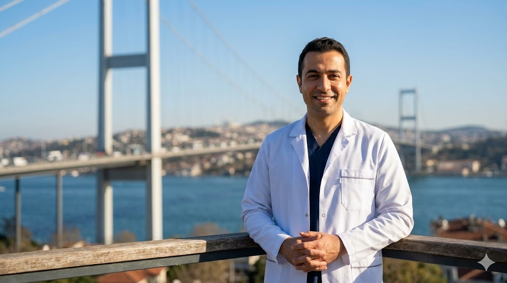 طبيب متخصص في زراعة الشعر يقف أمام جسر البوسفور في إسطنبول لشرح كيفية علاج القشور بعد زراعة الشعر.